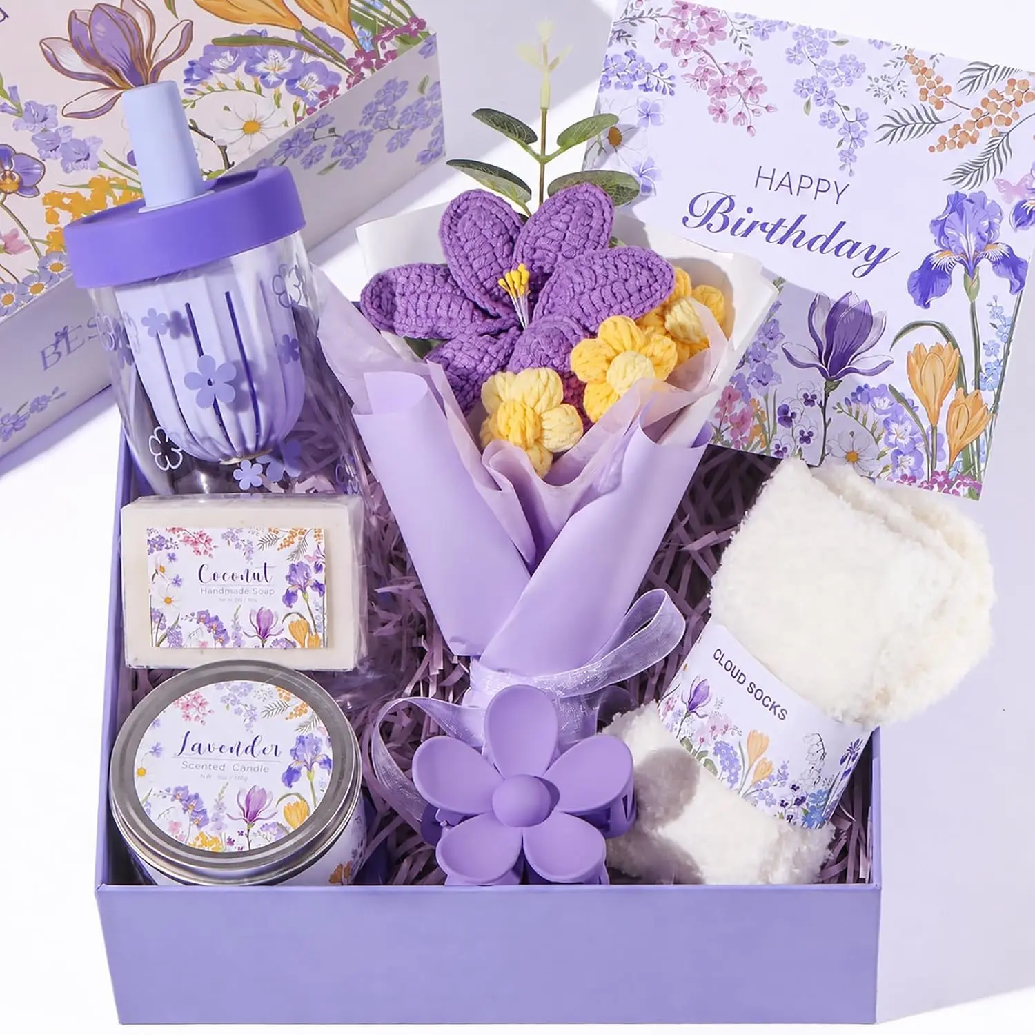 Birthday Gifts for Women, Purple Self Care Gift Box Gift Set for Her |   Gift Basket with Crochet Flower Bouquet, For Best Friend, Mom, Sister, Teen Girl, Wife, Girlfriend, Coworker, Unique Gifts