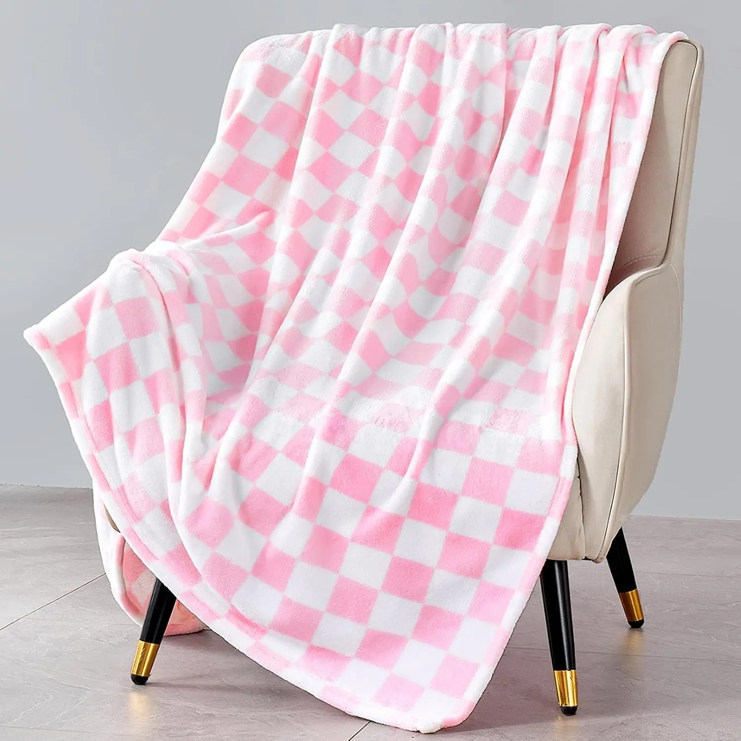 Pink Checkered Blanket, Ultra Soft Fleece Checkered Throw Blankets for Couch Bed and Travel, Luxury Throws for All Seasons, 50x60 Inch, Pink