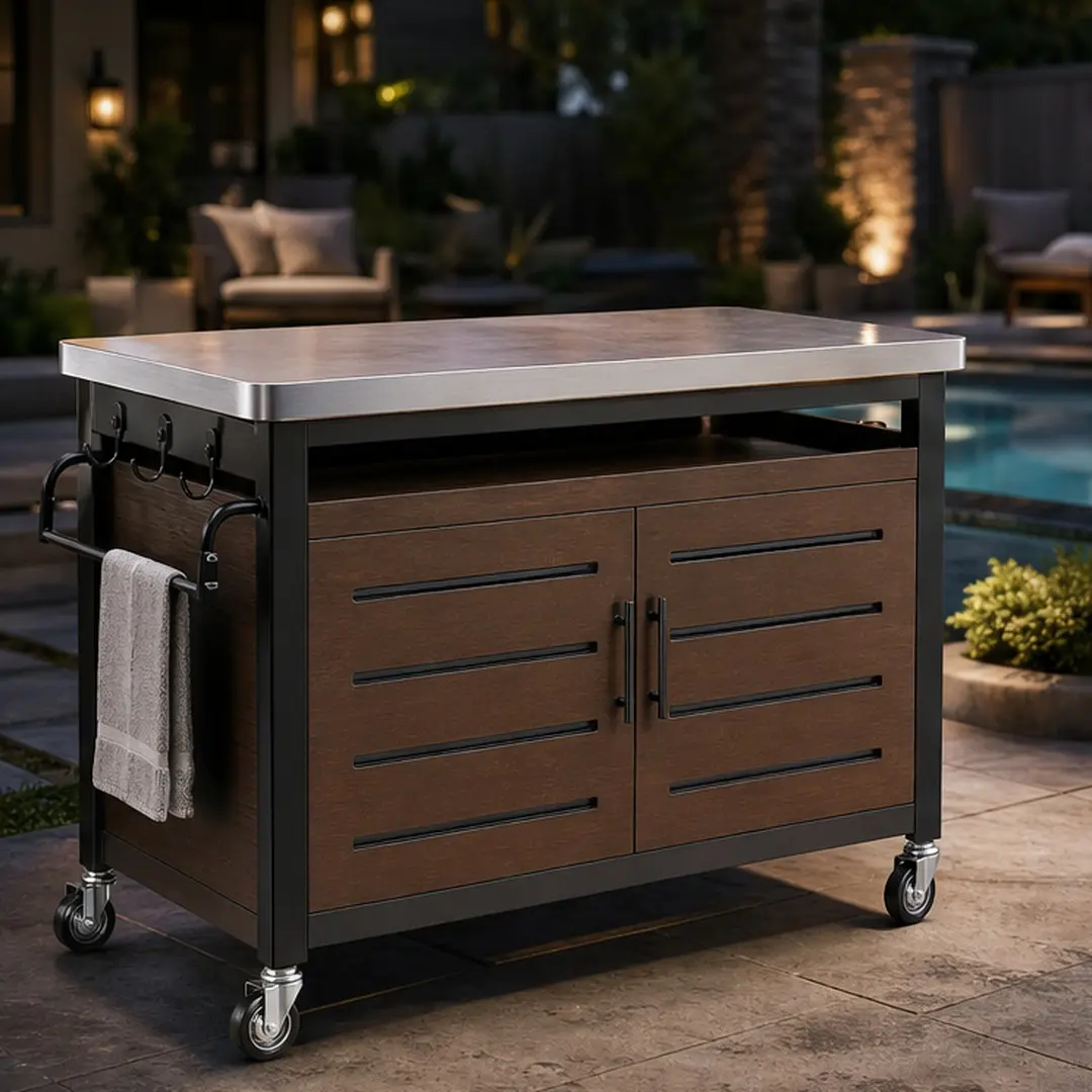 ARCH Outdoor Grill Cart with Stainless Steel Tabletop, Storage Shelves, Patio Kitchen Island on Wheels, BBQ Serving Cart with Hooks, Spice Rack, Bottle Opener, Movable Bar Cart for Backyard Party, Brown Color Options, Stainless Steel/Wood Material