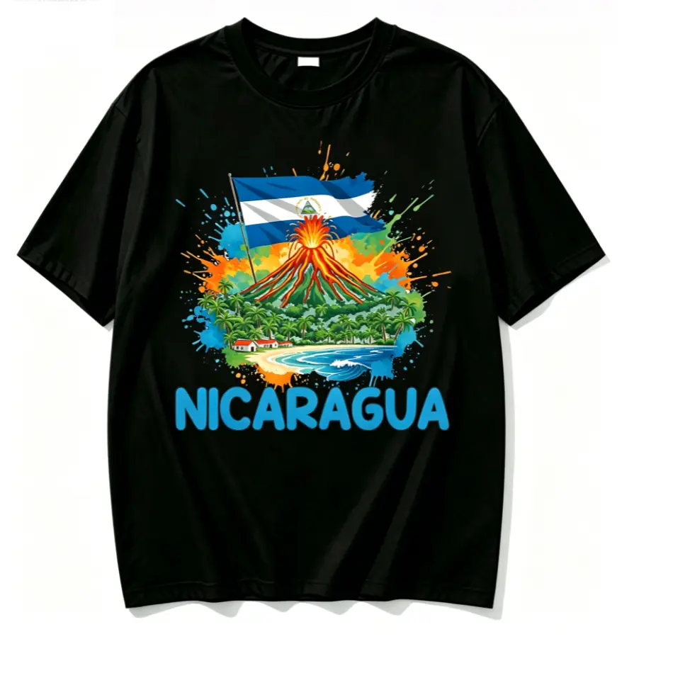 100% Cotton Color Splash Nicaragua Flag Volcano Tropical Beach Palm Tree Landscape Graphic T Shirt Vibrant Paint Splash Central America Country Pride Print Lightweight Breathable Cotton Short Sleeve Casual Vacation White Tee