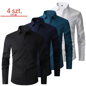 Set of four solid color men’s long sleeve shirts with a notched collar and slim fit, urban casual style. Solid basic design with a standard button placket and smooth, wrinkle resistant fabric—ideal for commuting, shopping, and exploring stores; relaxed, v