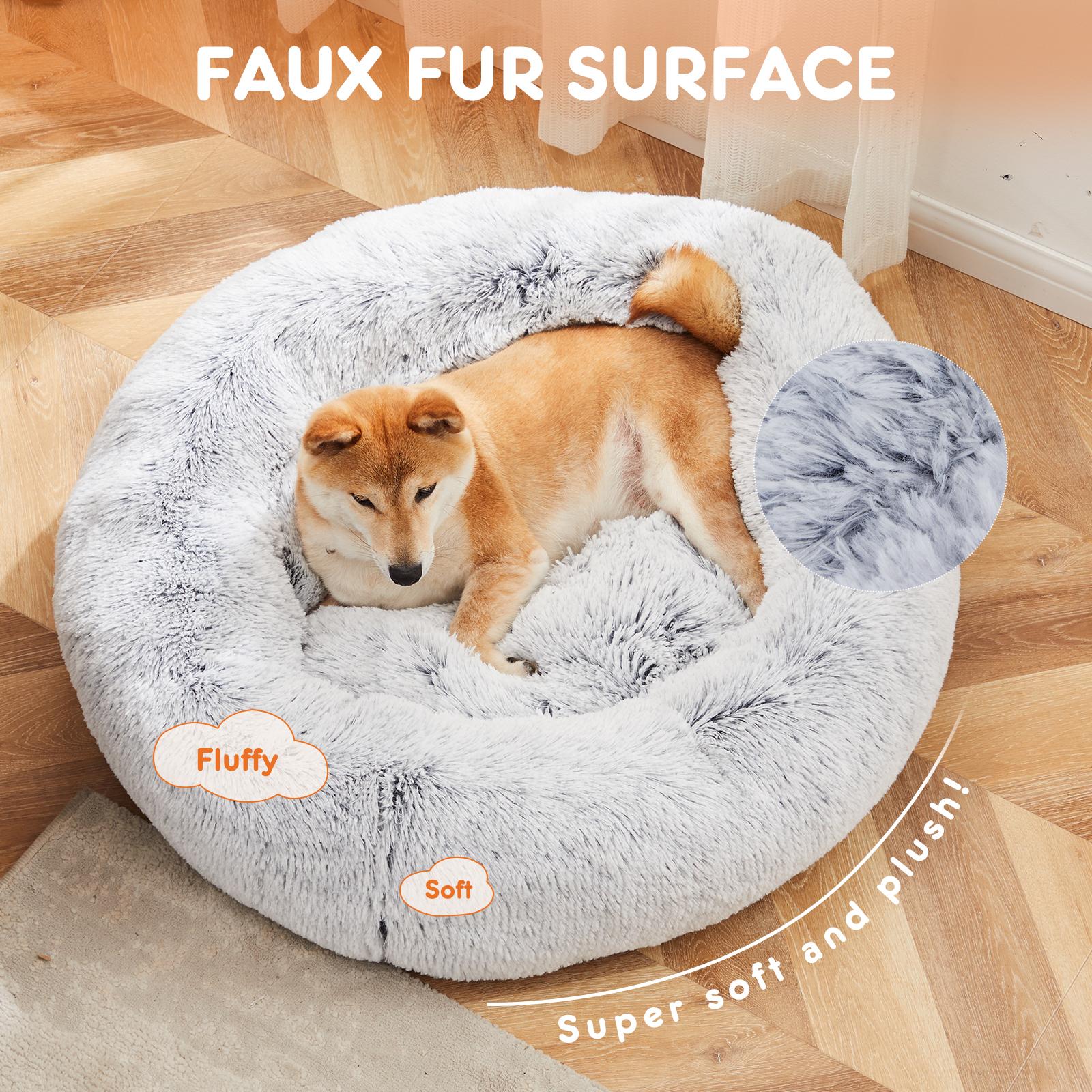 24 Inch Anti-Slip Round Fluffy Plush Faux Fur Cat Bed, Fits Up To 25 Lbs Pets