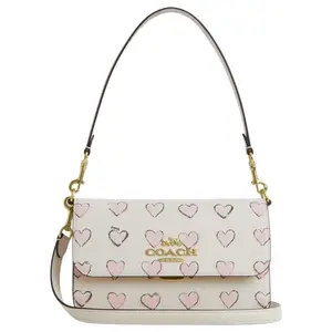 COACH Brynn 23 Heart-Print Metallic-Logo Leather Crossbody Bag for Women, Medium Size, Chalk White