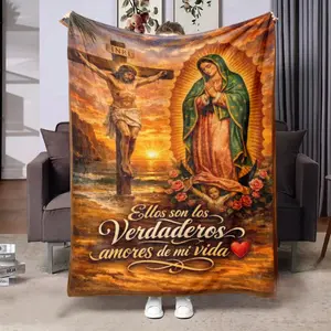 Comfortable Flannel Blanket, Religious Theme Jesus Mary Cross Angel Rose Pattern, Warm Gold Digital Print, Ideal for Living Room and Camping