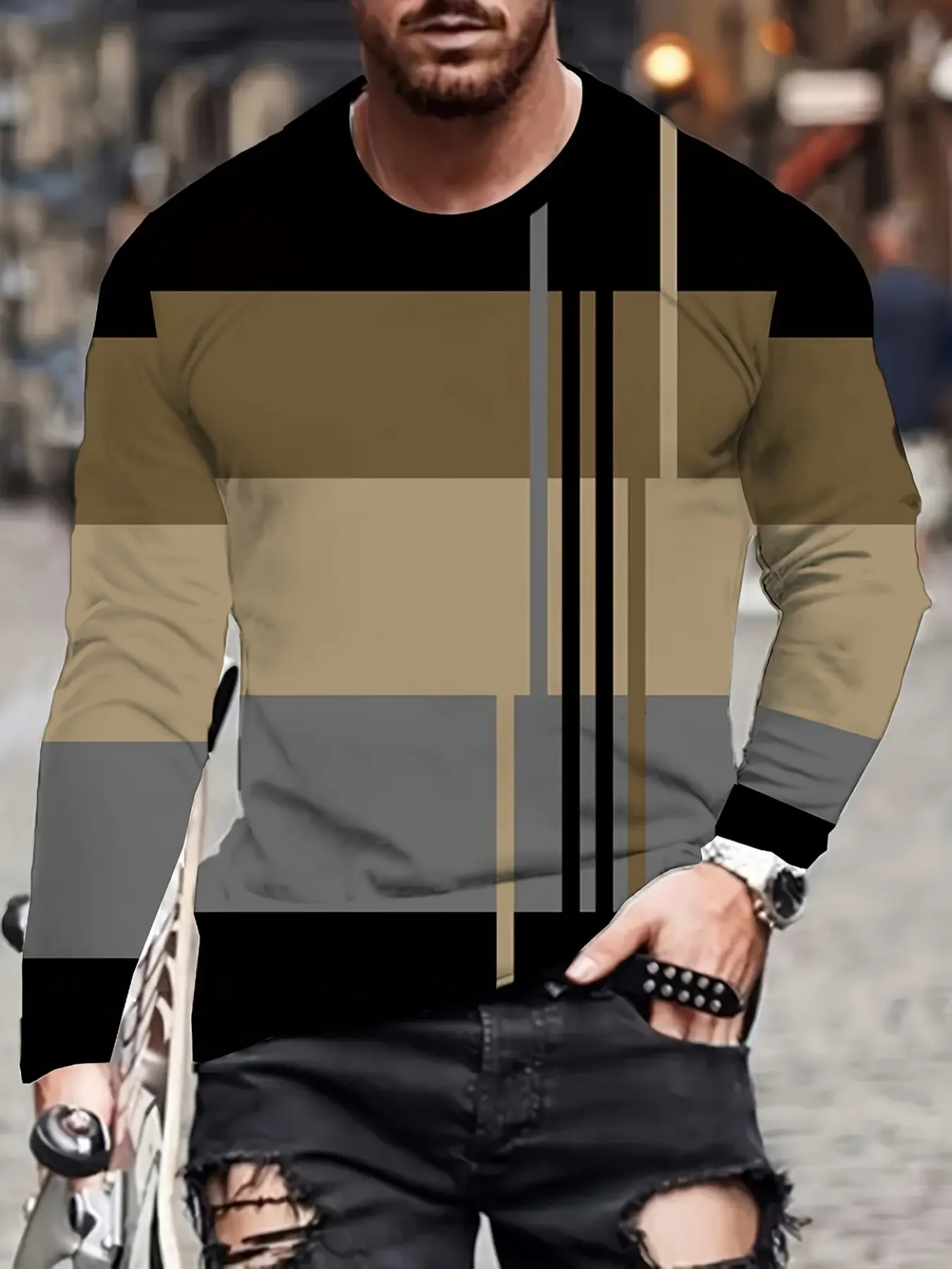 Men's 3D Digital Print Plaid and Striped Long Sleeve T-Shirt, Ideal for Gym Wear, Street Style, Durable Casual Clothing