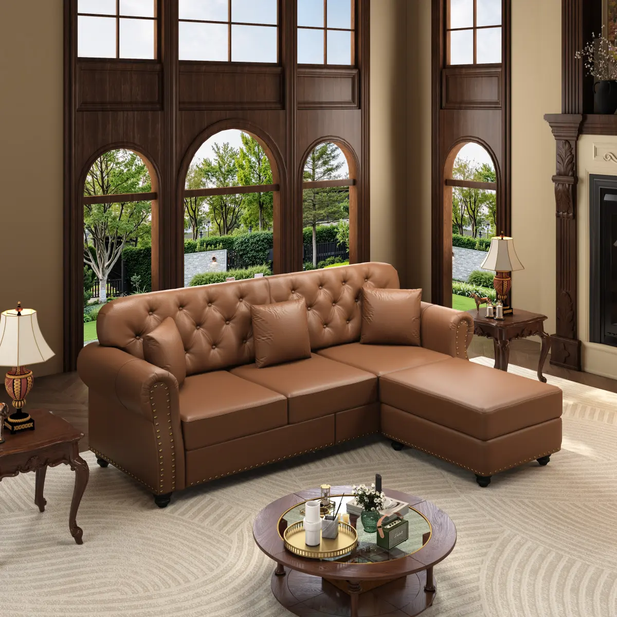 3-Seater Brown Faux Leather Chesterfield Sofa, 82.6" Mid-Century Modern Upholstered Sofas Living Room Couch with Button Tufted Backrest, Rolled Arms, Nailhead Trim, Solid Wood Frame & 3 Throw Pillows for Apartment, Office