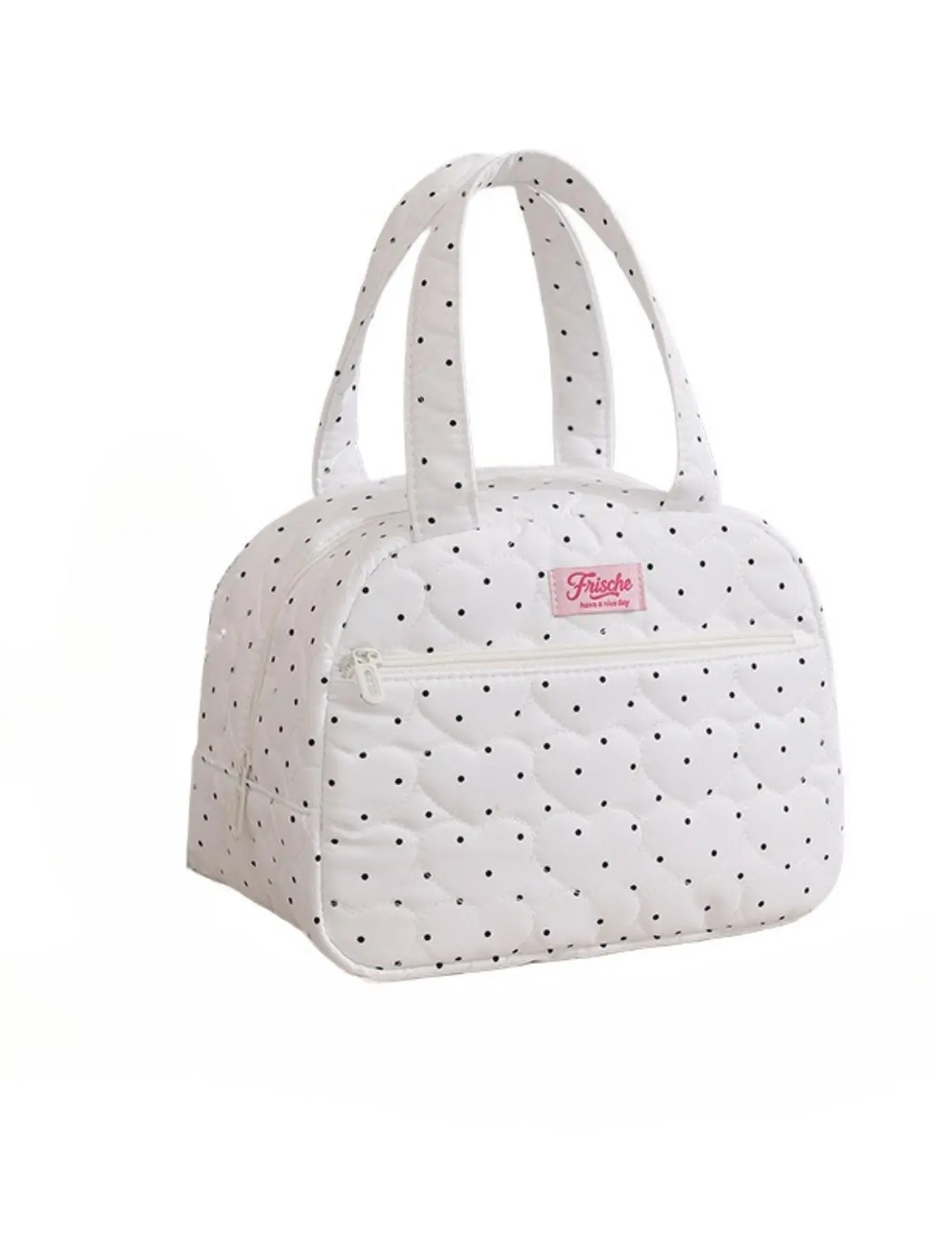 Quilted Heart Polka Dot Thermal Lunch Bag, Zipper Design Handheld Insulated Cooler Tote, Lightweight Food Storage Bag for Travel and Daily Use