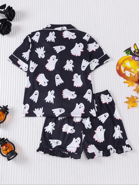 Halloween Children's 2-Piece Pajamas Set, New Halloween Bat Pumpkin Head Ghost Star Cardigan Short Sleeve Shorts,'s Medium and Large Pajamas for Party, Daily Wear, Vacation Home Clothes 2-Piece Pajamas Set