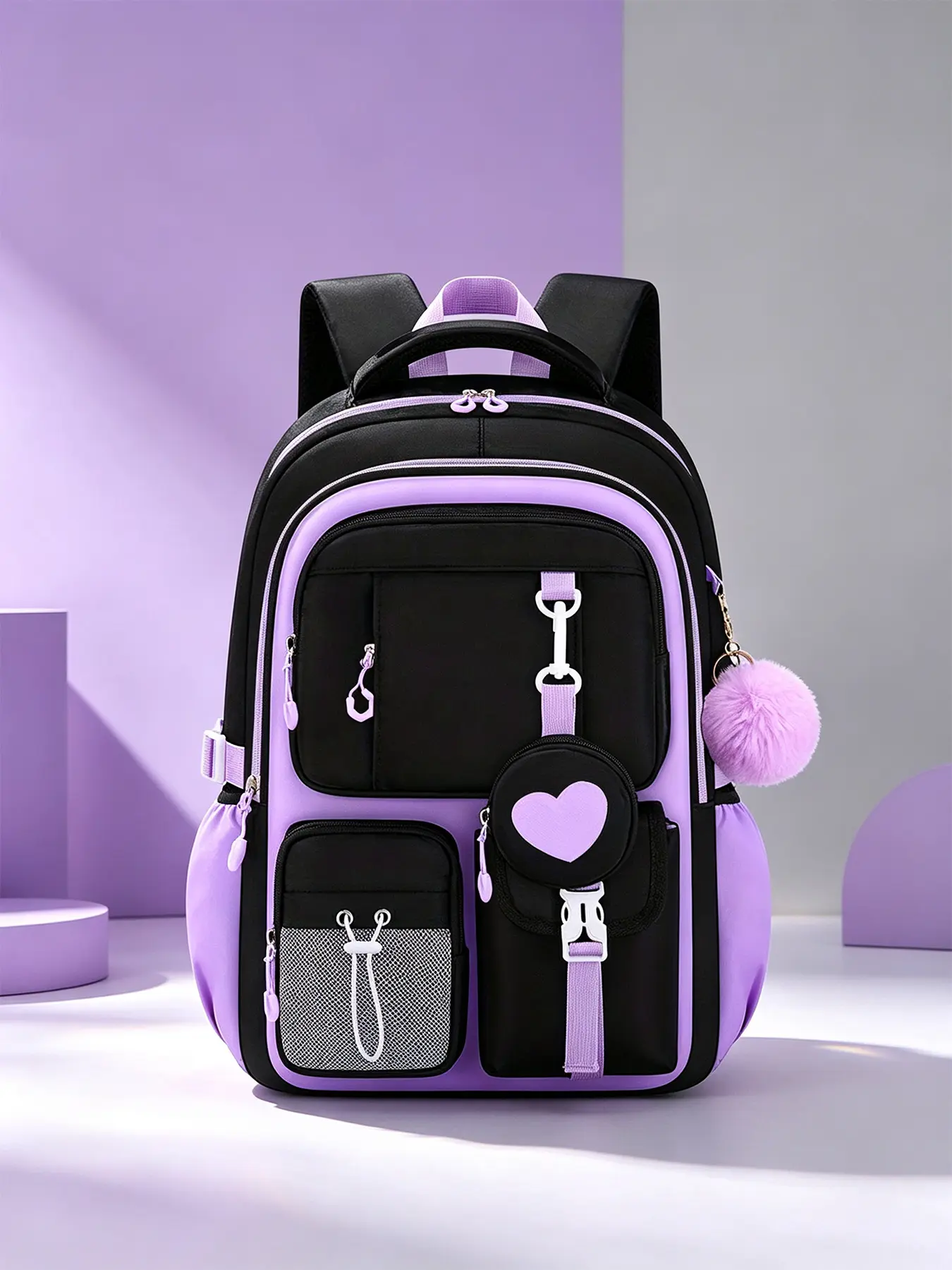 1pc Black Lavender Color Block Multi-compartment Backpack, Heart Ornament, Detachable Fluffy Pom Pom, Coin Pocket, Adjustable Buckle Padded Straps, Large Capacity Bag for Campus Study, Library Sessions, Short Weekend Trips & Daily Casual Outings