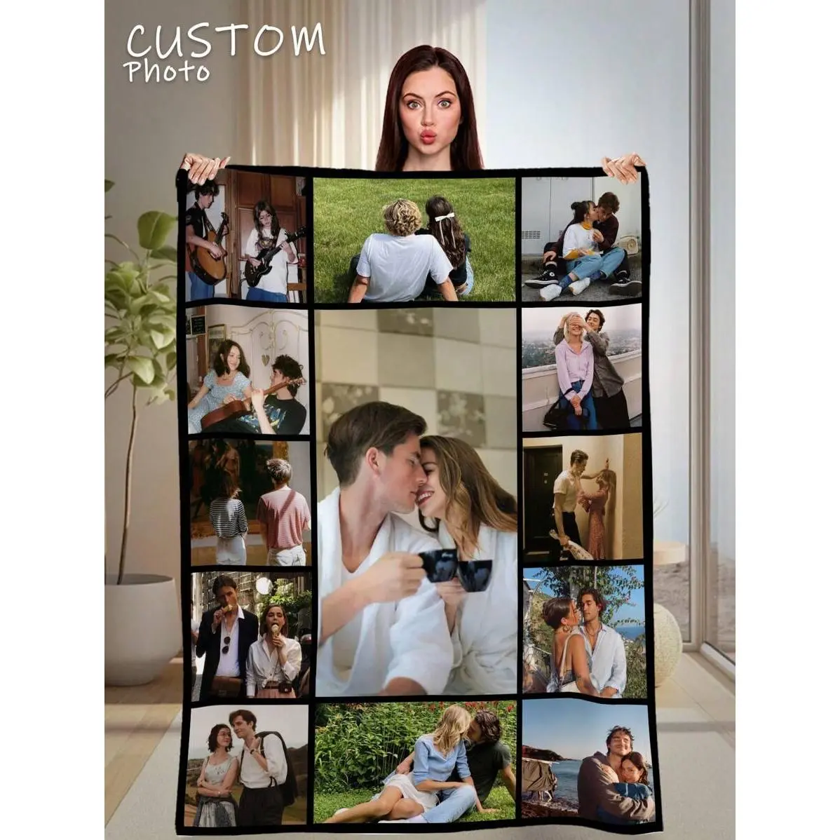Customized Photo Collage Flannel Blanket - Large Center Photo, 10-Picture Printed, Multi-Size, Soft Romantic Love Throw, Personalized Couple Memory Keepsake Gift for Lovers, Couch/Sofa/Bed Home Decor, Customized Blankets