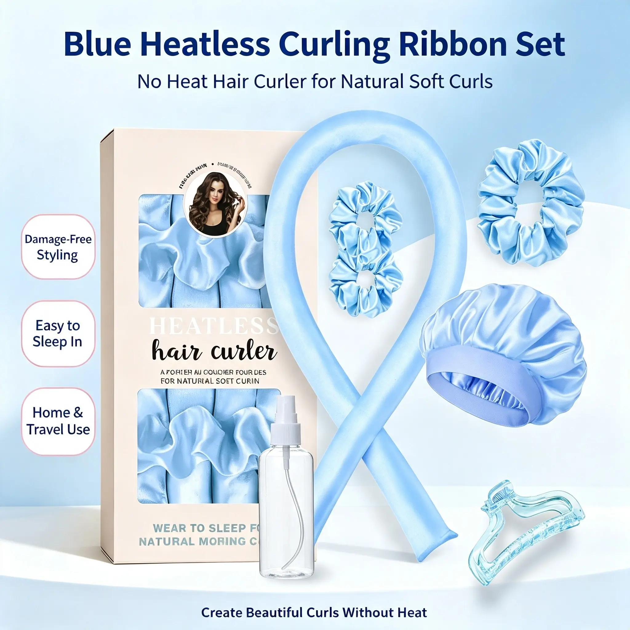 Blue No-Heat Hair Curler Ribbon, Heat-Free Lazy Hair Styling Tool, Home & Travel Friendly, Gentle on Hair, Easy-To-Use Curling Device