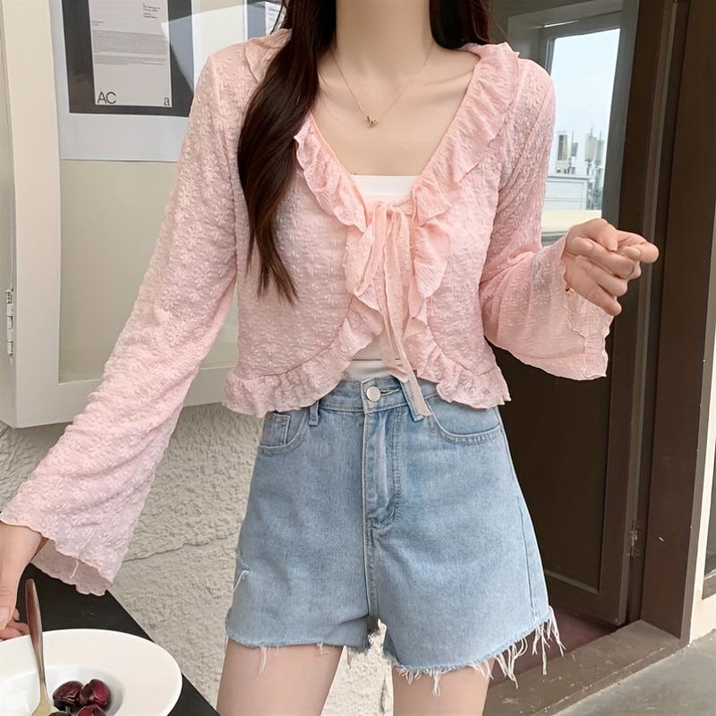 Elegant and Lightweight Lace-up Cardigan-Breathable Chiffon Shawl, Ruffles, Long Sleeves, Sun Protection-Spring/Women's Summer Top, Soft Blue, White, Cream, Pink, Black Fitted Knitwear Womenswear Basic Beige Casual