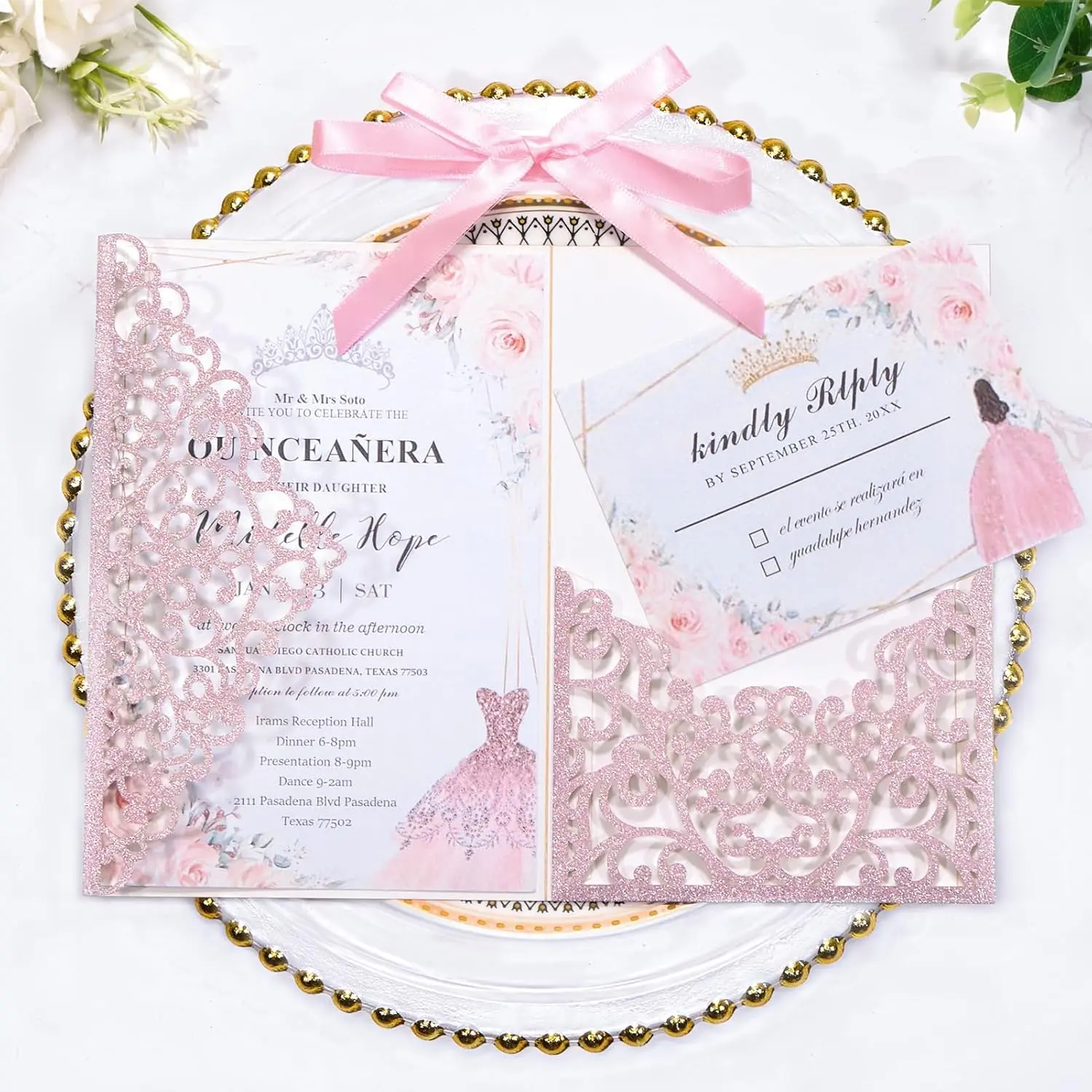 Pink Laser Cut Wedding Invitations 25pcs Tri-Fold Wedding Invitation Kit for Quinceanera Baby Shower Birthday Invitaciones para 15 años, Blank Inner Sheets, 4.9''x7'' Invitation Sleeves