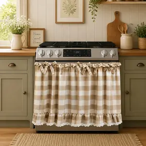 1PC Vintage Styles of Rustic Kitchen Handmade Oven Aprons and Stove Decorative Skirts, Featuring Lace Trim and Multiple Straps; Vintage Country-style Oven Door Curtains, Suitable for Rustic Cottages and Everyday Kitchen Decor