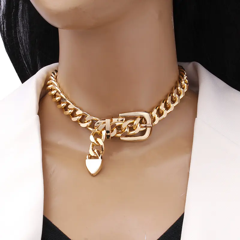 Loveden gold-tone chunky Cuban necklace with buckle and heart pendant, waterproof alloy statement collarbone chain, unisex street fashion, stackable stylish jewelry gift