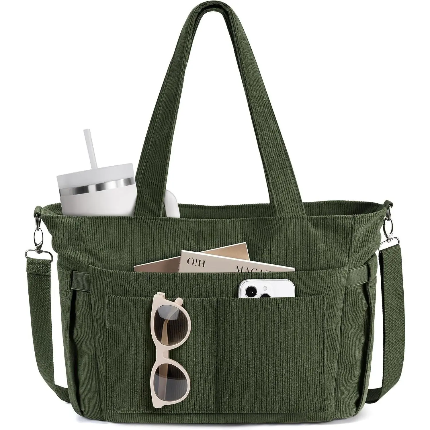 Corduroy Tote Bag for Women, 17 Pockets Laptop Work Tote Purse | Large 15.6”  Bag w/ 40oz Cup Holder & Strap, Zipper Teacher Nurse   Bag for School Travel College Office