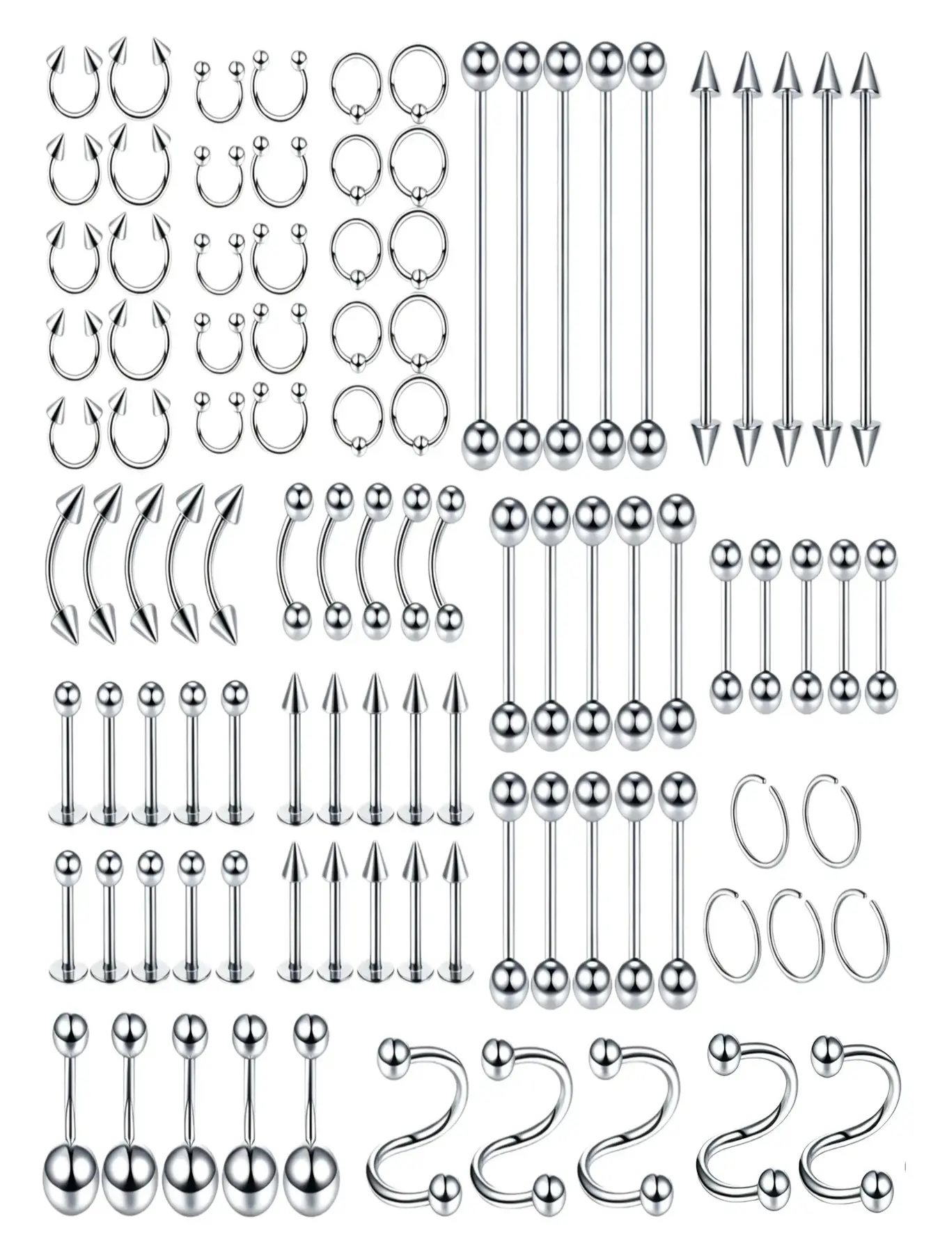 100Pcs Multi-Style Stainless Steel Body Piercing Set, 14G/16G/20G Barbels for Nose Eyebrow Tongue Navel Daily Piercing Jewelry