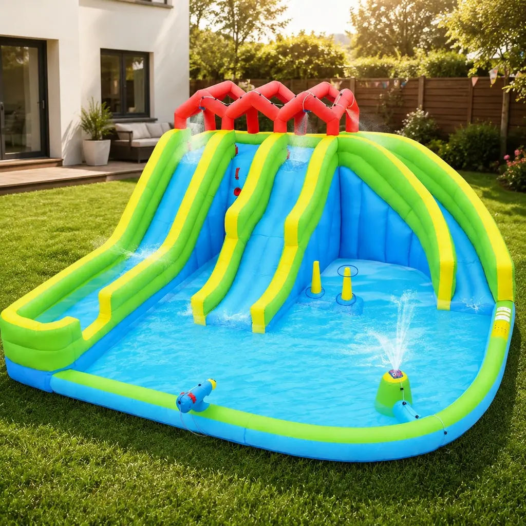 ARCH 7-in-1 Inflatable Water Park with Blower, Three Slides, Water Gun, Sprinkler, Climbing Wall, Splash Pool, Oxford Fabric, Multicolor, Outdoor Backyard Lawn Bouncy Castle for Kids Toddlers, Family Fun Summer Water Play Center