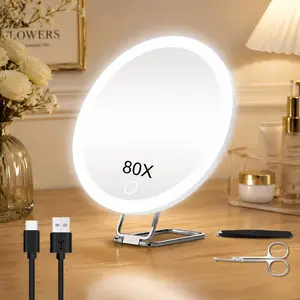 80x LED Magnifying Makeup Mirror, Touch Screen Adjustable Light, Wall-Mountable, Includes Tweezers and Trimmer, Ideal for Gift