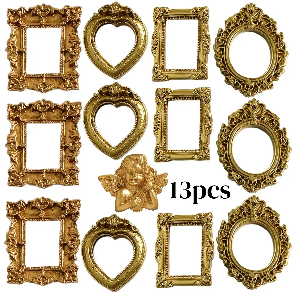 13pcs Baroque Style Mini Frames, Resin Material, Durable, Perfect for Jewelry Display, DIY Crafts, Photo Backdrop, Scrapbooking, Vintage Decor