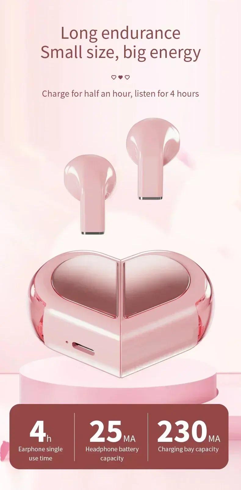 Cute Heart Shaped Rotatable Charging Case Earbuds, K520 Stereo Wireless Bluetooth Earphones, Low Latency Gaming Headset for Phone Tablet