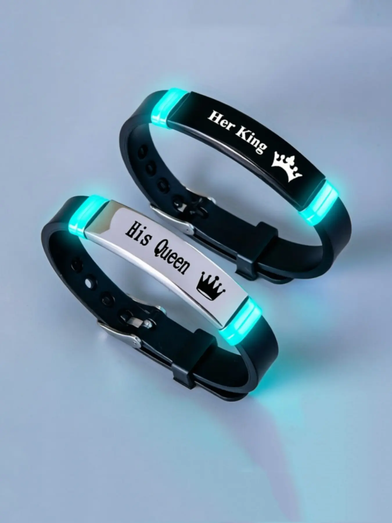 Night Glow Couple Bracelet, Ker King Hi Queen Letter Stainless Steel Silicone Wristband, Steel Color Bangle Gift, Bracelet Sets
