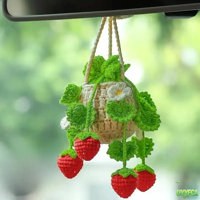 Crochet Car Hanging Charm in Mini Basket, Boho Floral Fruits & Sunflower, Cute Polyester Yarn Plant Pendant for Rearview Mirror Interior Styling, Cute Car Accessories, Interior Decor