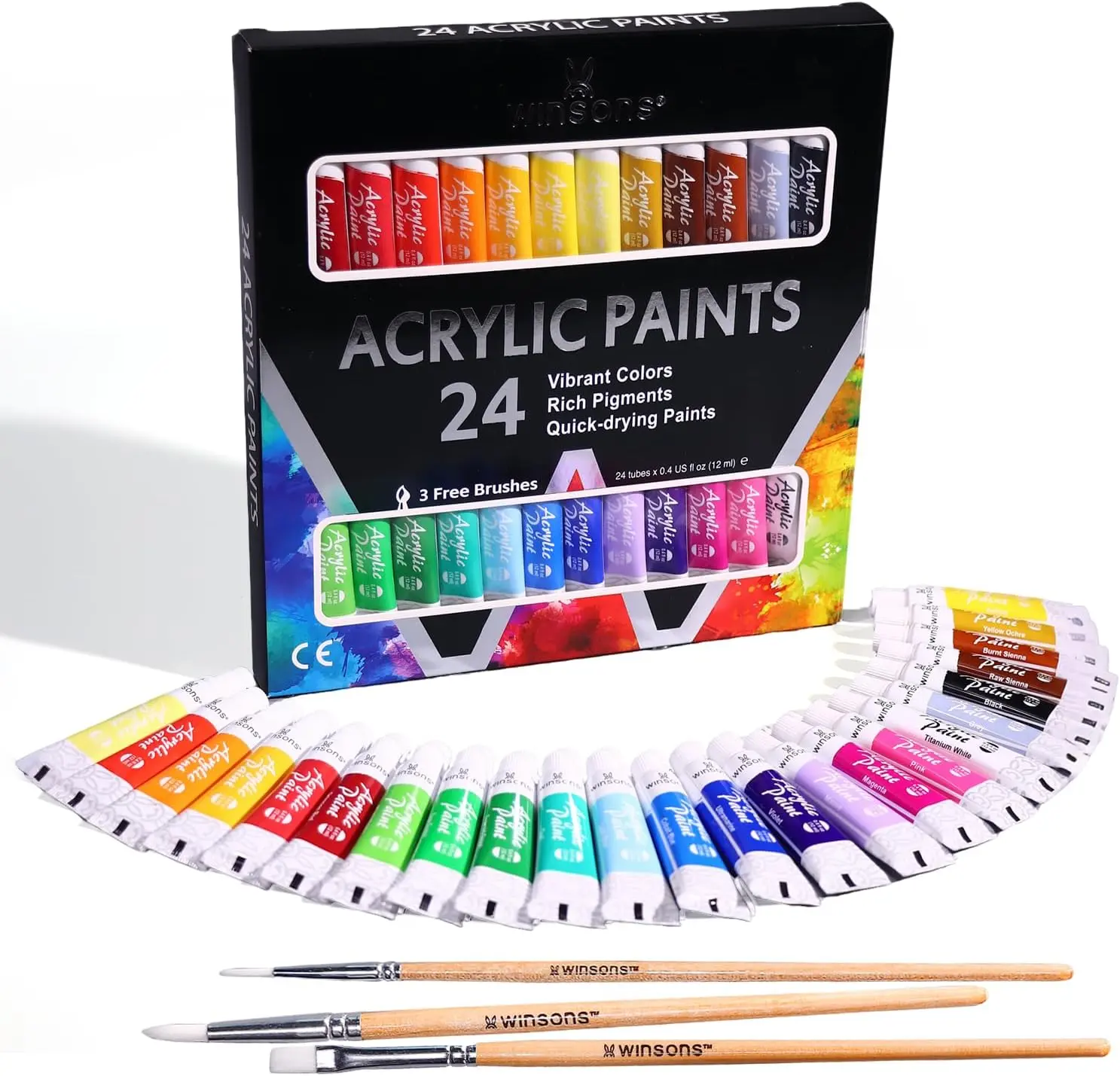 WINSONS Art Acrylic Paint Set, 12ml Tubes Artist Quality Rich Pigments Colors With 3 Brushes Great for Beginners Artists Professional - Painting Canvas, Wood, Rock, Ceramic & Fabric