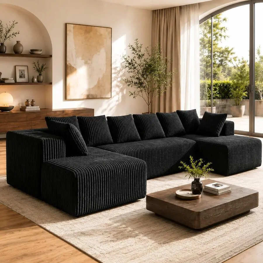 Boneless Couch,Modular U-Shaped Sectional Sofa,130-Inch 4-Seater Chaise Lounge With Reversible Design, Striped Corduroy Fabric In BLACK – Sectional Living Room Or Bedroom Couch, Freely Configurable Layout.