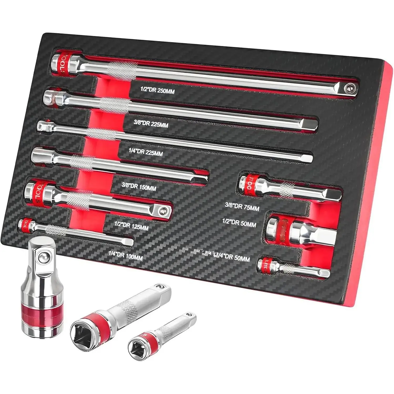 9 count Ratchet Extension Set, 1/4" 3/8" 1/2" Drive Extension Set, CR-V Steel with Mirror Chrome , EVA- Tray