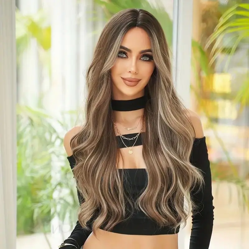 Long WavyBrown with Blonde Highlights Wigs for Women 30 Inch Middle Part Curly Wavy Wig Natural Looking Synthetic Heat Resistant Fiber Wig for Daily Party Use