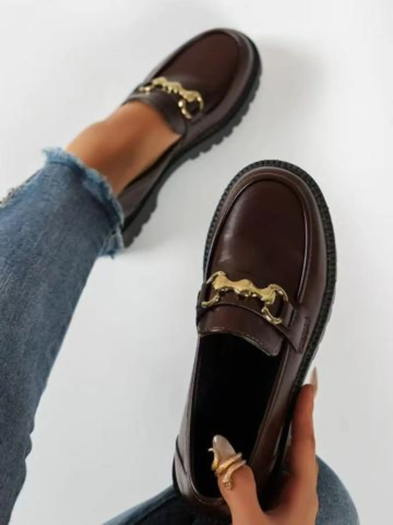 Elegant Classic Thick Sole Loafers for Women, Formal Loafer Shoes, Patent Leather Chunky Heel Slimming Shoes, Fall Winter British Style, Height Increase Single Shoe