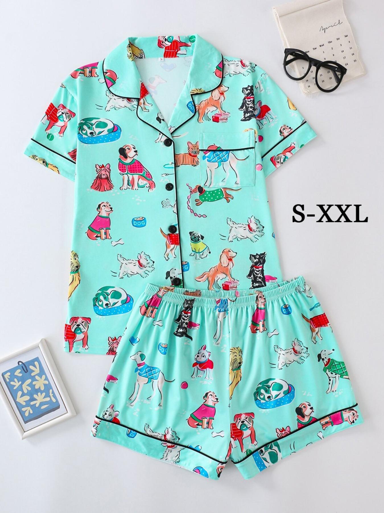 Women's Dog Print Top & Shorts Pajama Two-piece Set, Casual Comfy Short Sleeve Top & Shorts Pajama Set, Ladies Sleepwear for All Seasons, Loungewear, Womenswear, Sleep Pajamas Shorts, Cozy Loungewear