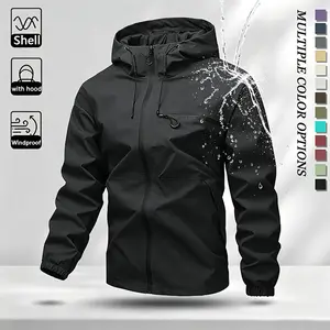 Men's Waterproof Windproof Hooded Outdoor Jacket, Lightweight Shell Coat With Adjustable Drawstring Hood & Water Resistant Zipper Pockets, Loose Fit Hiking Camping Utility Windbreaker, Multiple Solid Colors Available