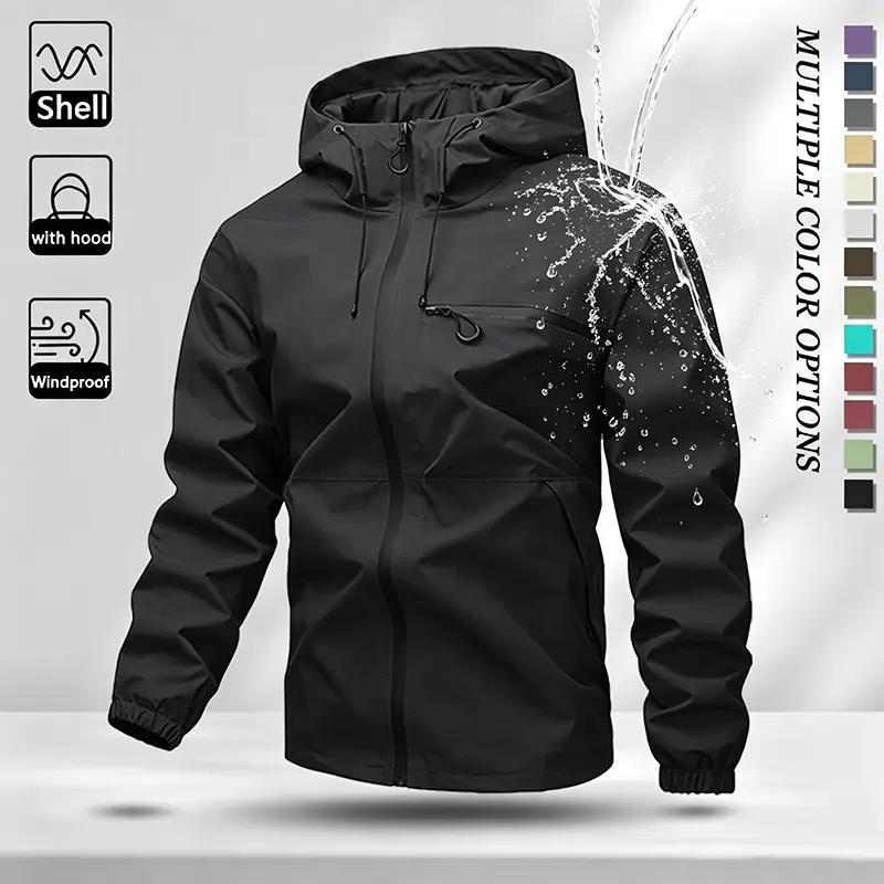 Men's Waterproof Windproof Hooded Outdoor Jacket, Lightweight Shell Coat With Adjustable Drawstring Hood & Water Resistant Zipper Pockets, Loose Fit Hiking Camping Utility Windbreaker, Multiple Solid Colors Available