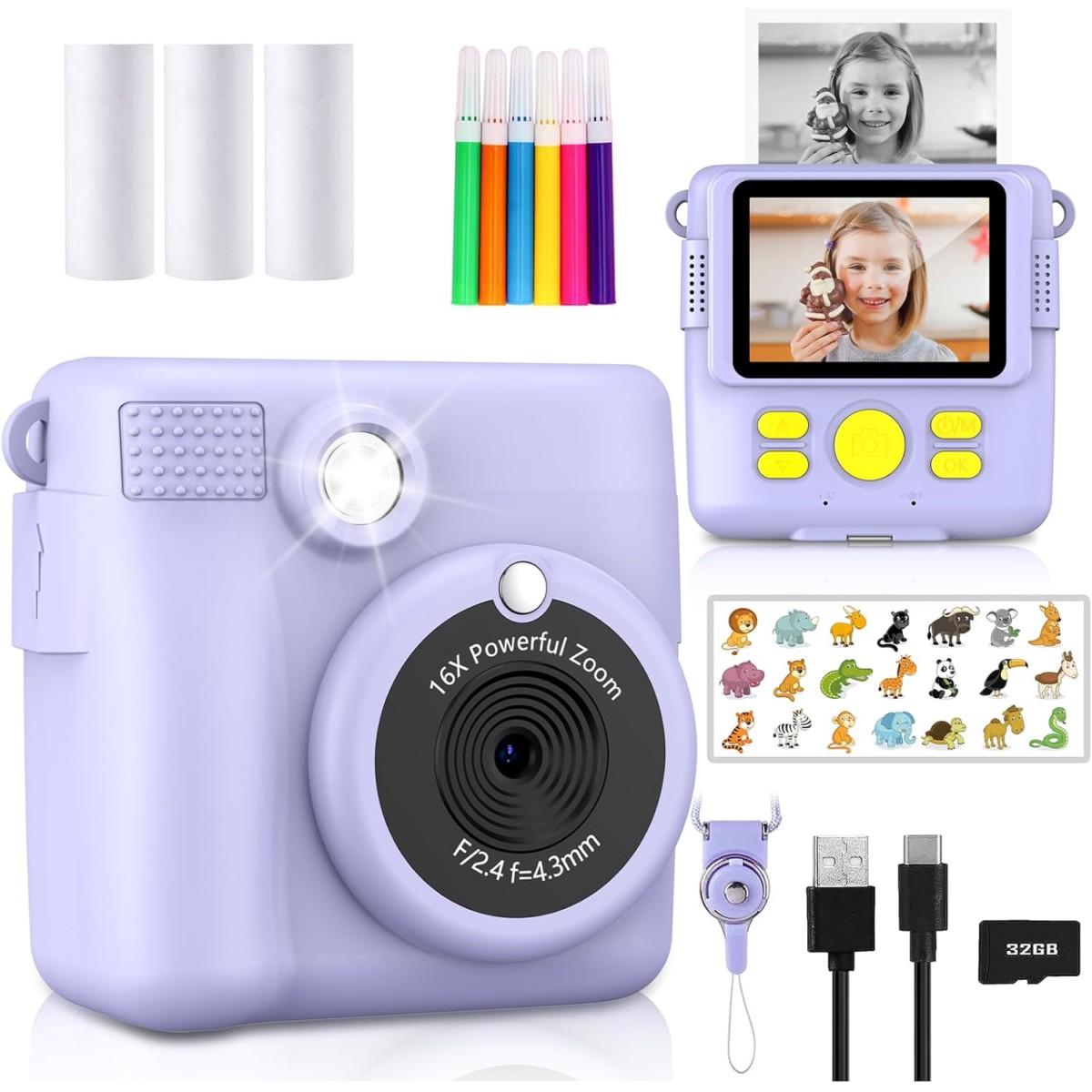 Kids' Compact Instant Print Camera - 1080P HD Digital Video Camera, 3-12 Age Christmas/Birthday Gifts, 3 Rolls Photo Paper, 32GB Card, Lanyard, Type-C USB, Colorful Pens, Large Screen, Soft Plastic Portable Toy - Blue Kids' Compact Instant Print Camera - 1080P HD Digital Video Camera, 3-12 Age Christmas/Birthday Gifts, 3 Rolls Photo Paper, 32GB Card, Lanyard, Type-C USB, Colorful Pens, Large Screen, Soft Plastic Portable Toy - Blue