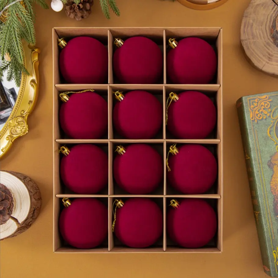 12-Piece Christmas Velvet Balls, 2.4"/3.15" Diameter, Plush Tree Ornaments, Plastic Hanging Decorations, Festive Holiday Decor