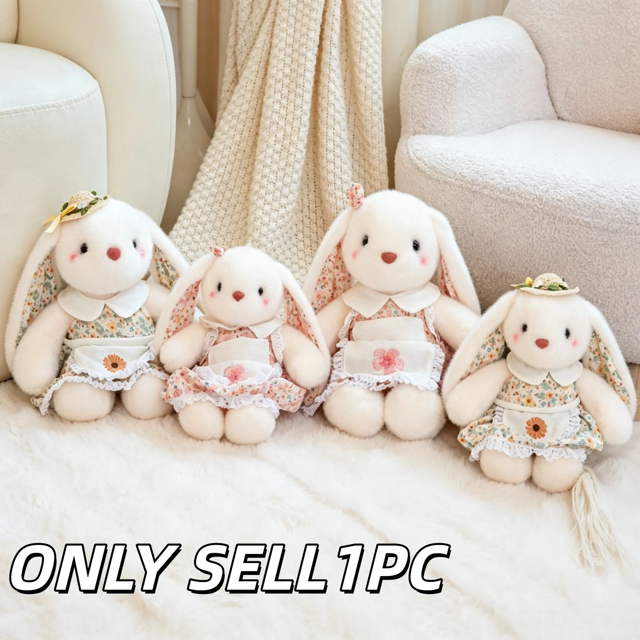 1pc Cute Bunny Plush Doll in Floral Dress, Long-Eared White Rabbit Stuffed Toy, Soft Comfort Sleeping Doll, Heartwarming Birthday Gift for Girls, Cuddly Stuffed Animals