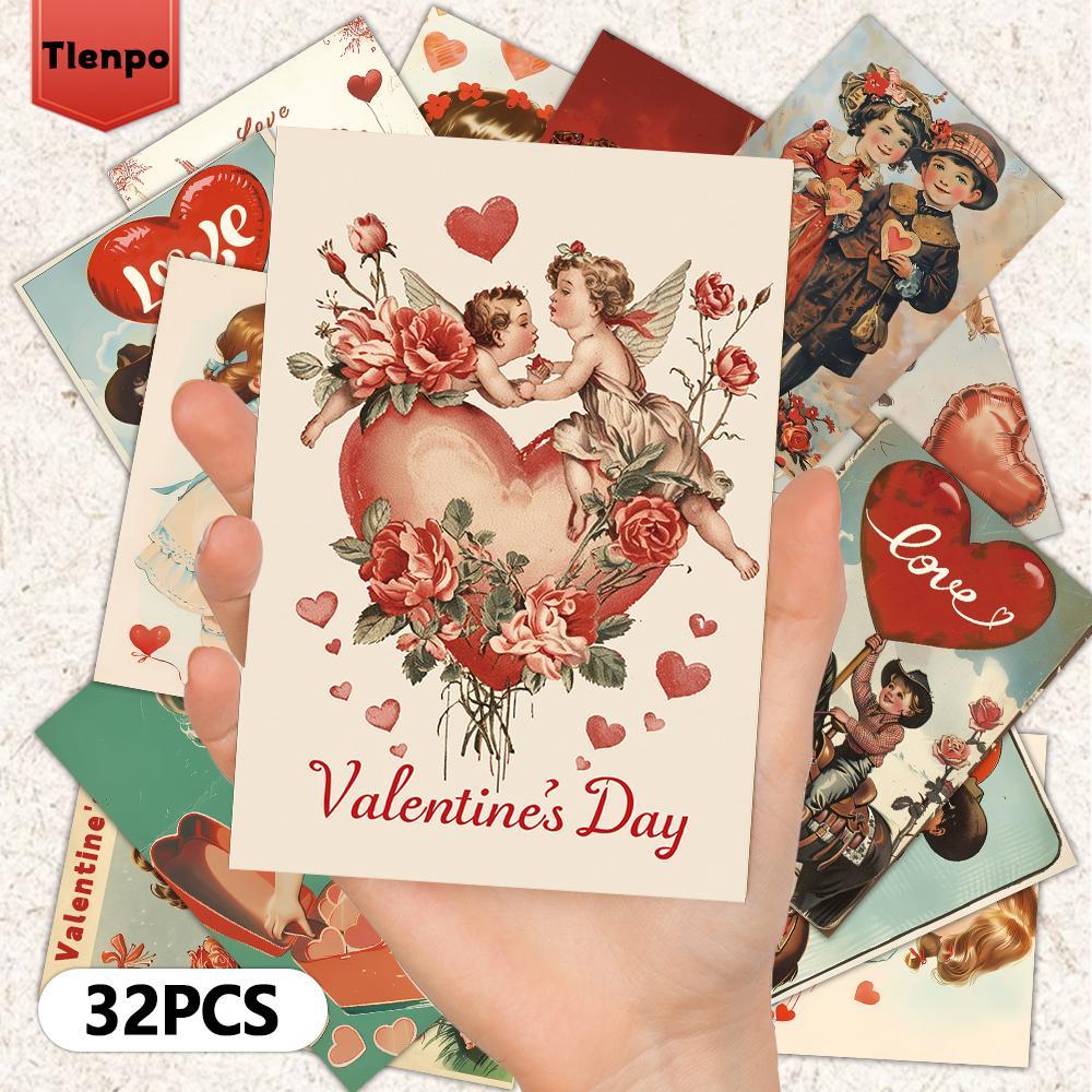Vintage Valentine's Day Postcard, 32pcs/set Romantic Valentine's Day Card, Wall Decorative Card, Message Card, Valentine's Day Greeting Card