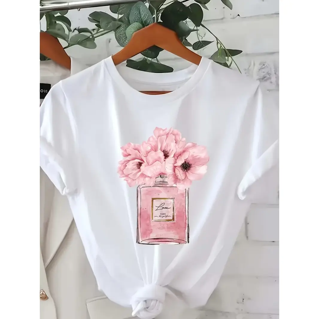 Women Cotton Short Sleeve T Shirt Cute Pink Floral Perfume Graphic Tee Summer Casual Soft Breathable Top For Daily Wear Vacation Shopping Weekend Outfit Aesthetic Fashion Clothes For Ladies