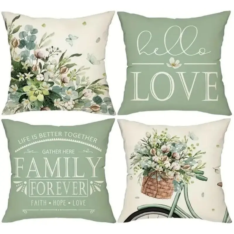4-Piece Polyester Cushion Covers, Spring Floral and Bicycle Decor, Single-Sided Print, No Pillow Insert, Home Décor Accessories