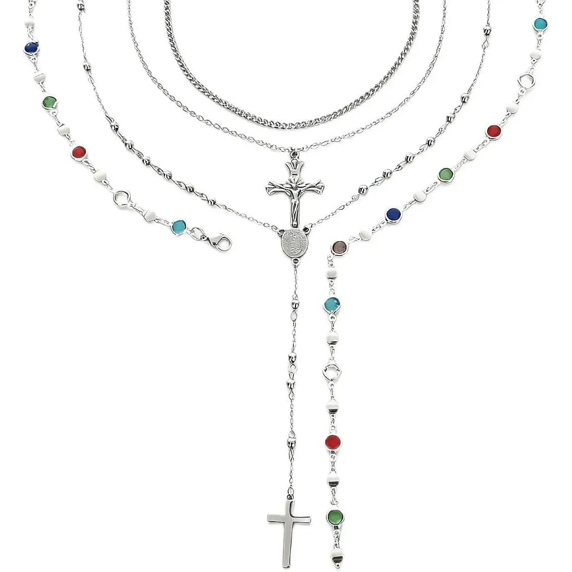 Silvery Layered Necklace for Women, Y Necklace with Cross Pendant, Dainty Stackable Jewelry Gift for Everyday Wear