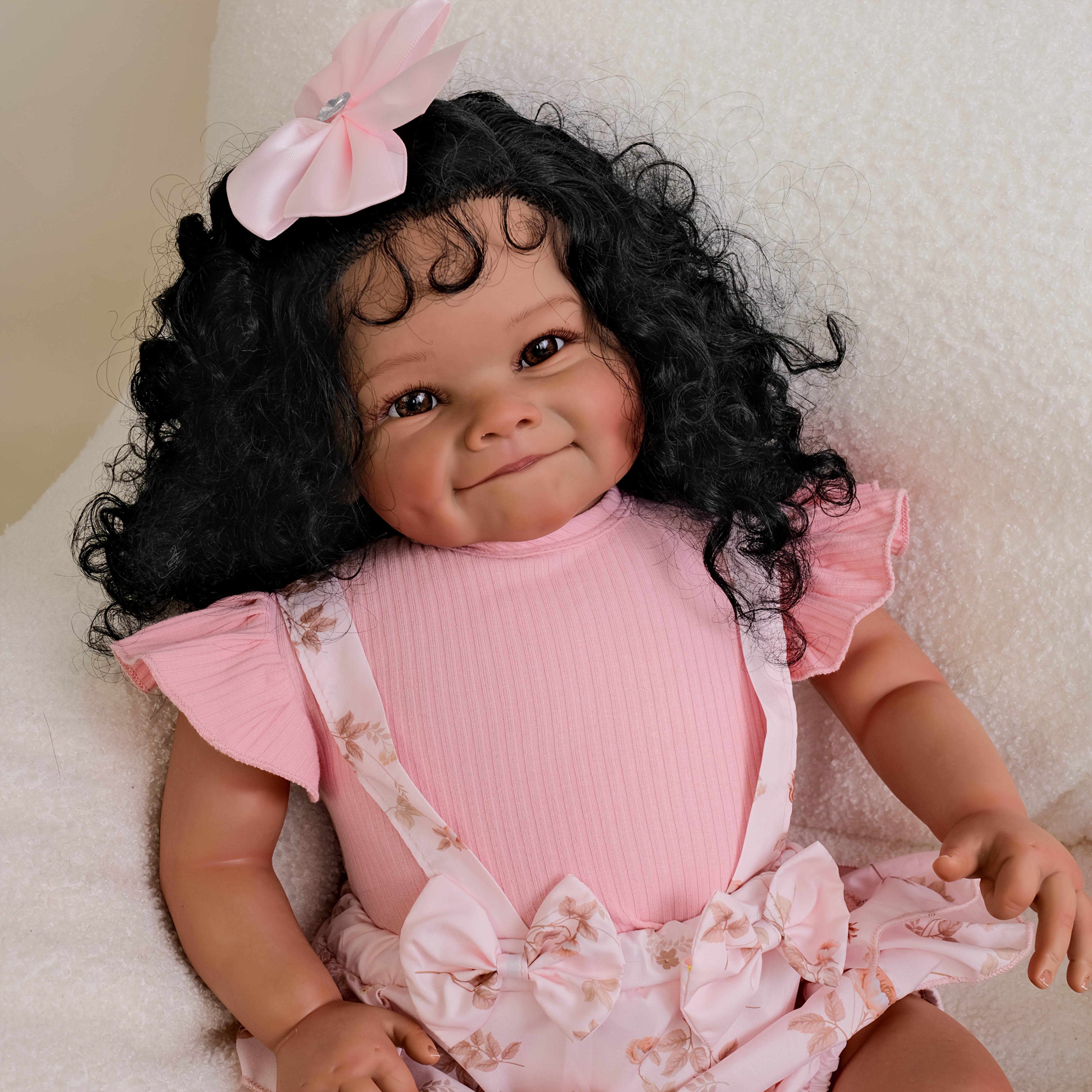 A complete set for the baby 24inch Realistic Reborn Girl Smile Doll Soft Touch HandPainted 3D Light Beige HandPlanted Curly Black Hair for Play and Collection with Clothing and Accessories Ideal for Birthday Gift