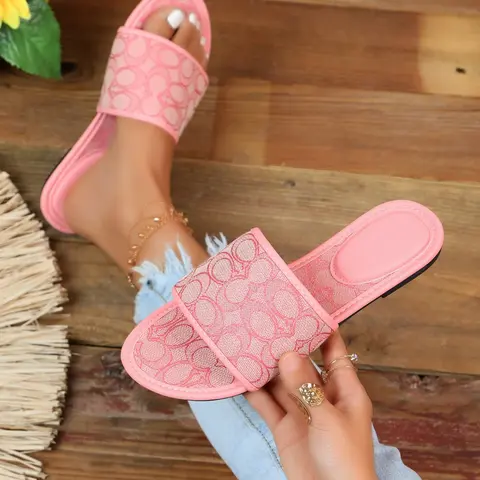 Vintage printed open toe flat slide sandals lightweight comfy casual women slippers for daily outdoor summer wear Fashion Slides