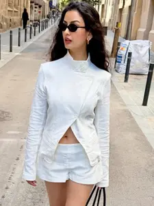 Women's White Asymmetric Blazer 2026 Office Look Cropped Slim High Neck Long Sleeve Suit Jacket Casual High Quality Business Office Commute Daily Wear Blazer For Woman