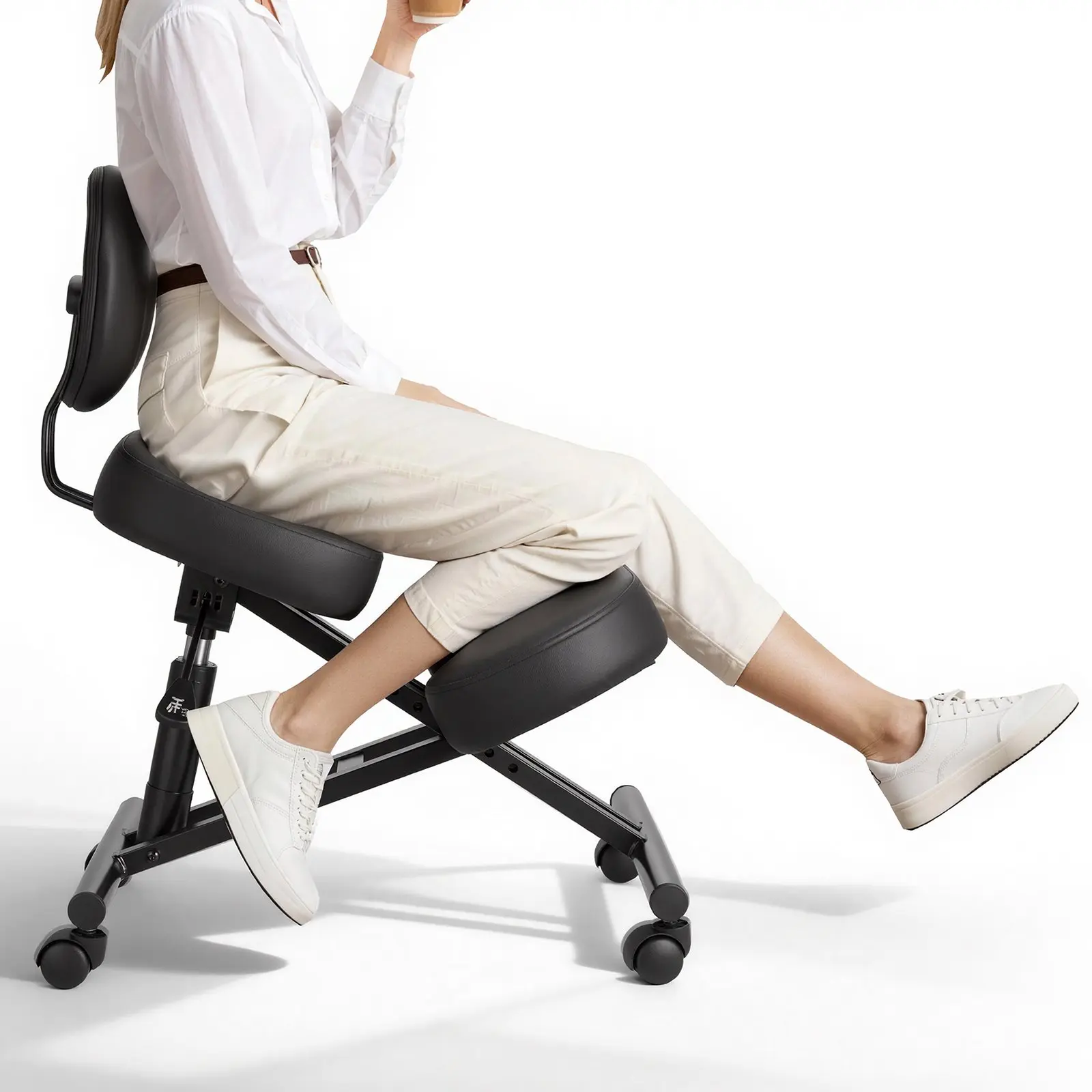 【DealsForYouDays】VEVOR Heavy-Duty Carbon Steel Ergonomic Kneeling Chair with X-Shaped Post, Backrest, Wheels, Adjustable Height, Thick Foam Cushions, Knee Support, Neck & Back Pain Relief for Home, Office, Armless Black Meditation Chair