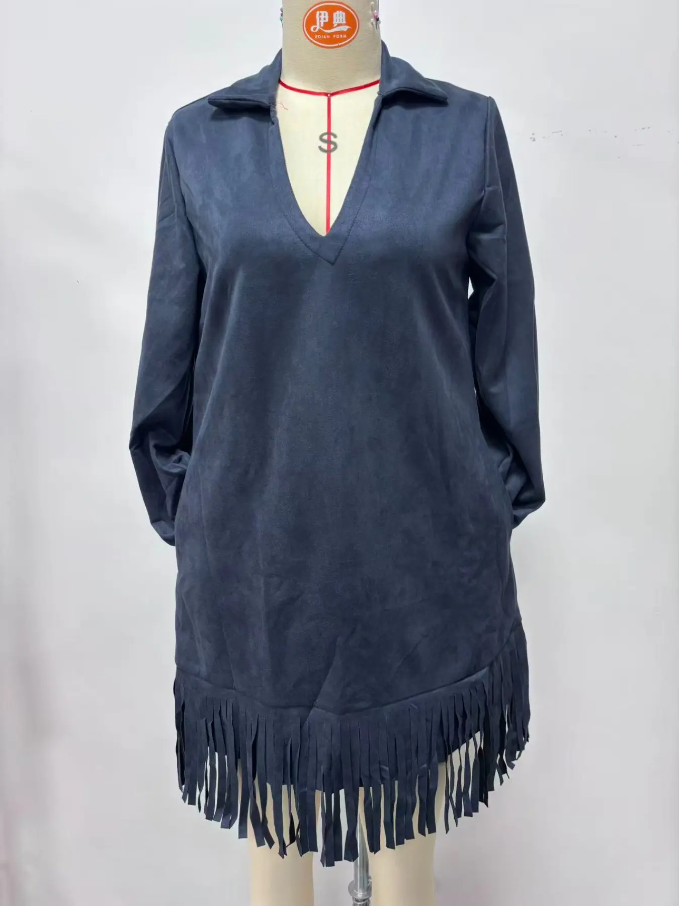 Women's Fall Winter Western Style Chic Suede Long Sleeve Dress, Fringe Hem Design, V Neck Straight Cut, Perfect for Casual Outings