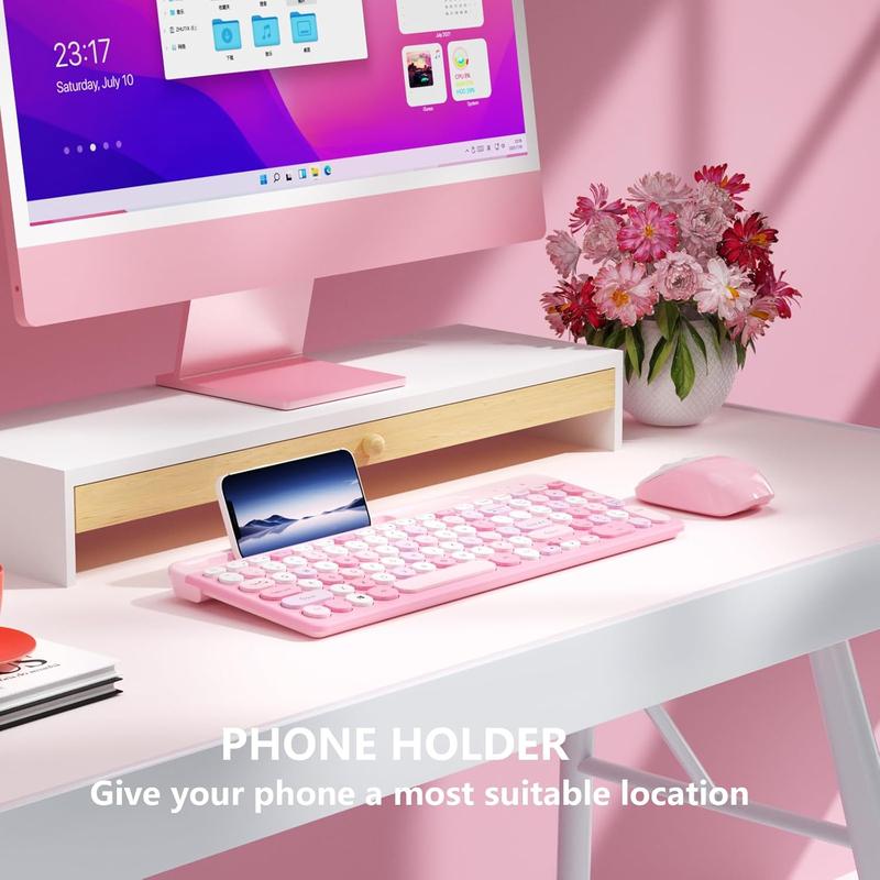 F-KBB01 Retro Wireless Keyboard with Round Keycaps, 2.4GHz Full-Size USB Cute Wireless Keyboard Mouse for Computer, Desktop, Laptop and Computer (Pink-Colorful)