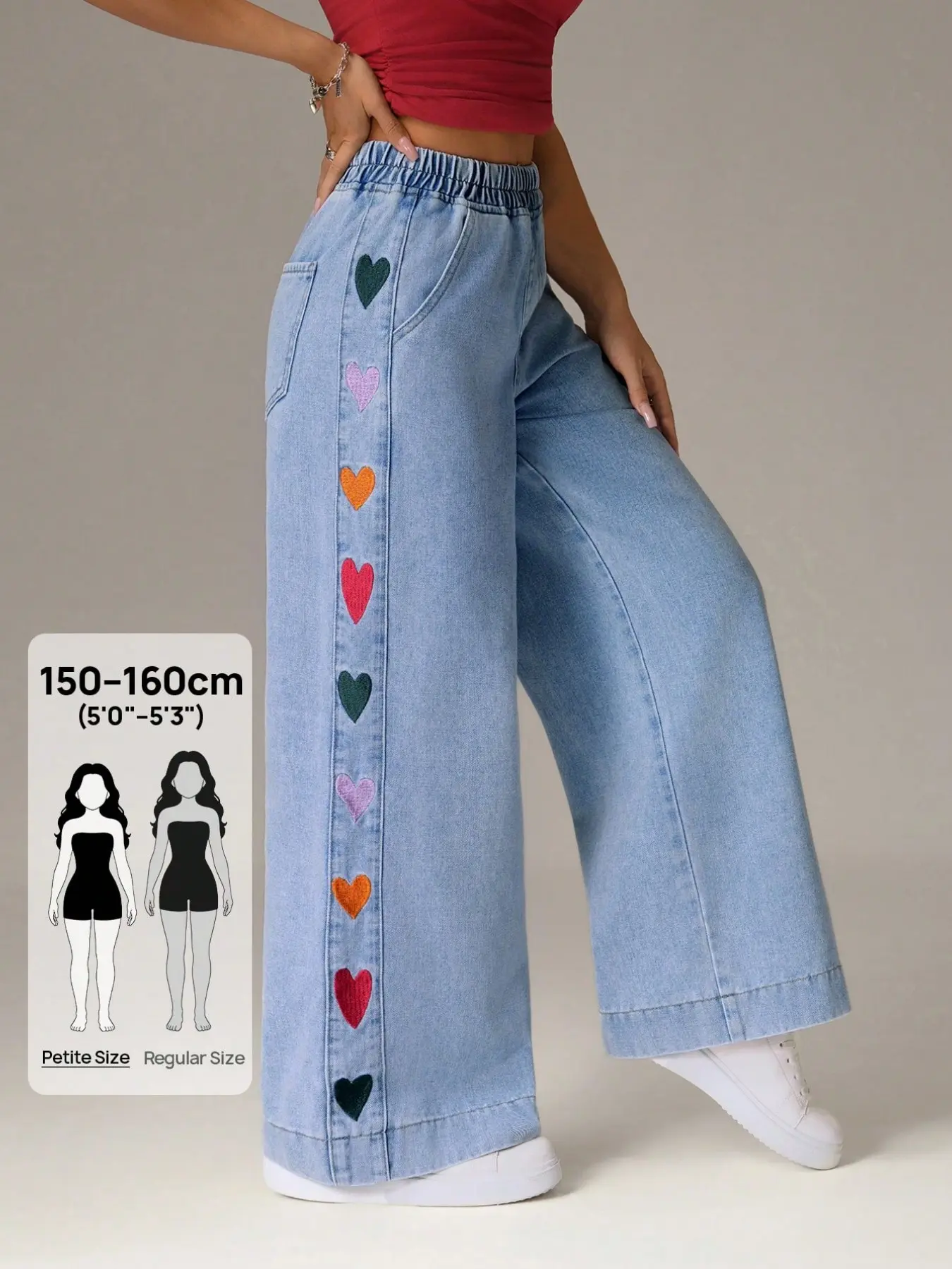 Women's Heart Embroidery Pocket Wide Leg Jeans, Elastic Waist, Diagonal Pockets, Casual Style, Comfortable Fit, All Seasons