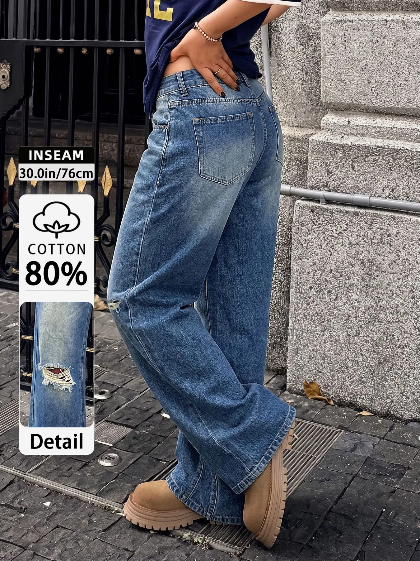 High Waisted Distressed Wide Leg Jeans for Women - Streetwear Denim Trousers with Whiskering & Grinding Details, Slimming All-Season Casual Pants, Trendy Summer Everyday Wear